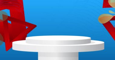 Mavi, kırmızı, beyaz ve altın renkli sahne animasyonu. Ürün görüntüleme videosu. Sunum için asgari geometrik silindir kaide podyumu.