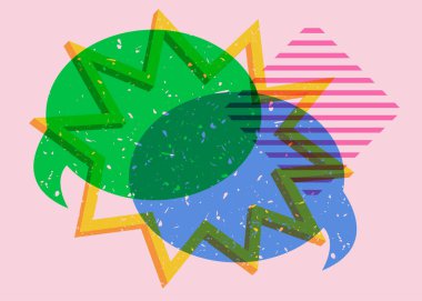 İki renkli risograf konuşma balonu, geometrik şekiller. Geometri elemanları ile modadan riso grafik tasarımında ileti işareti.