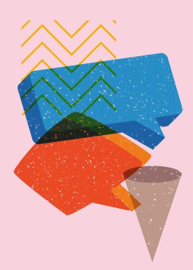 İki renkli risograf konuşma balonu, geometrik şekiller. Geometri elemanları ile modadan riso grafik tasarımında ileti işareti.