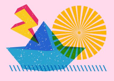 Geometrik şekilli risograph kağıt gemi. Moda riso grafik tasarımında geometri elemanlarına sahip Origami teknesi.