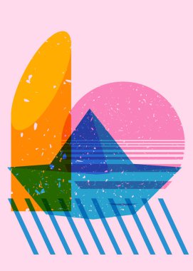 Geometrik şekilli risograph kağıt gemi. Moda riso grafik tasarımında geometri elemanlarına sahip Origami teknesi.