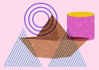 Geometrik şekilli risograph kağıt gemi. Moda riso grafik tasarımında geometri elemanlarına sahip Origami teknesi.