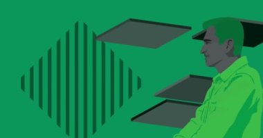 Siyah ve yeşil geometrik grafik retro şekiller, erkek kafası, göğüs heykeli animasyonu. Minimum geometrik elementler ve insan büstü heykeller. Vintage şekilli video.