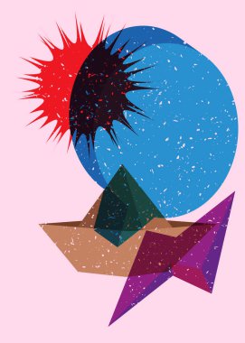 Konuşma baloncuklu ve geometrik şekilli bir kâğıt gemi. Moda riso grafik tasarımında geometri elemanlarına sahip Origami teknesi.