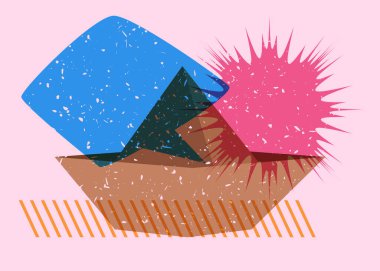 Konuşma baloncuklu ve geometrik şekilli bir kâğıt gemi. Moda riso grafik tasarımında geometri elemanlarına sahip Origami teknesi.