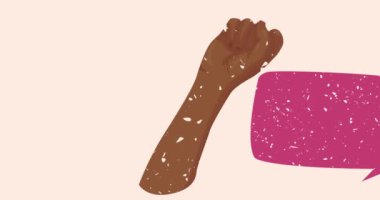 Geometrik şekilli yumruk ve konuşma baloncuğu animasyon. Protestocu eli trend riso grafik tasarım videosunda.