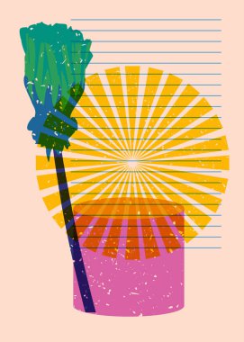 Geometrik şekilli risograph çiçeği. Geometri elemanları ile trend riso grafik tasarımı Botanik nesnesi.