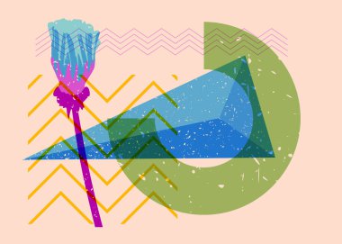 Geometrik şekilli risograph çiçeği. Geometri elemanları ile trend riso grafik tasarımı Botanik nesnesi.