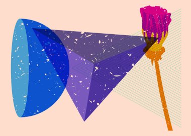 Geometrik şekilli risograph çiçeği. Geometri elemanları ile trend riso grafik tasarımı Botanik nesnesi.