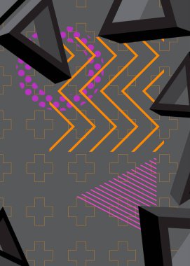 Siyah, turuncu ve mor geometrik grafik retro temalı kapak. Minimum geometrik elementler poster tasarımı. Poster pankartı için klasik soyut şekiller şablonu.