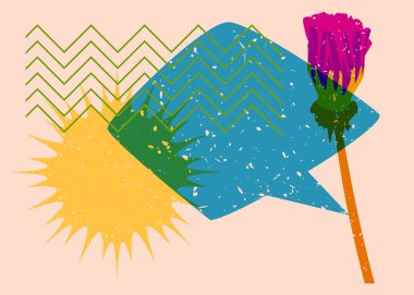 Konuşma baloncuklu ve geometrik şekilli risograf çiçeği. Geometri elemanları ile trend riso grafik tasarımı Botanik nesnesi.