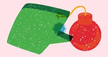 Konuşma balonu ve geometrik şekilli risograf bombası animasyonu canlandırır. Moda riso grafik tasarımında nesne hareket ediyor.