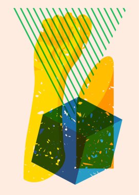 Risograf sıkılmış, geometrik şekilli yumruklar kaldırılmış, trend riso grafik tasarımı.