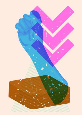 Risograf sıkılmış, geometrik şekilli yumruklar kaldırılmış, trend riso grafik tasarımı.