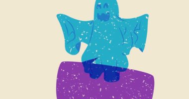Cadılar Bayramı Hayaleti ve geometrik şekilli konuşma baloncuğu animasyonu. Moda riso grafik tasarımı tatili. Geometri ögeleri, risograph doku tarzı video.
