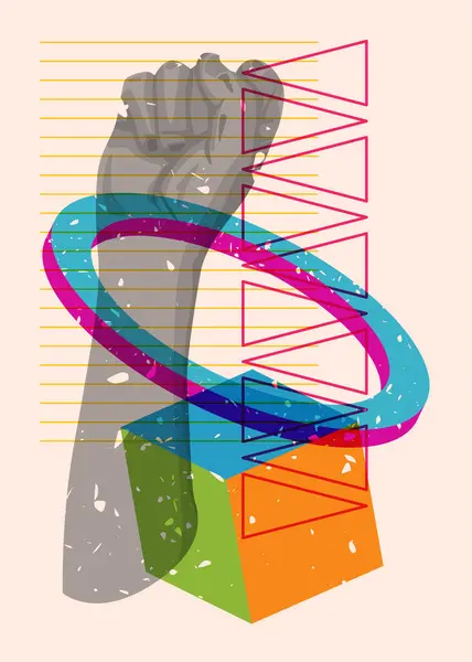 Risograf sıkılmış, geometrik şekilli yumruklar kaldırılmış, trend riso grafik tasarımı.