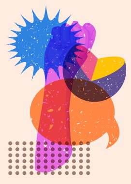 Risograf sıkılmış, konuşma baloncuğu ve geometrik şekilli yumruklar kaldırılmış, trend riso grafik tasarımı.