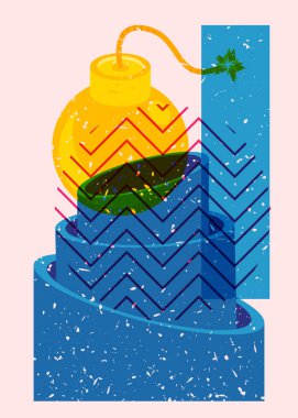 Geometrik şekilli risograf bombası. Moda riso grafik tasarımlı nesne. Geometri ögeleri soyut yazdırma dokusu biçimi.