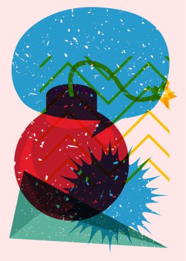 Konuşma baloncuklu ve geometrik şekilli risograf bombası. Moda riso grafik tasarımlı nesne. Geometri ögeleri soyut yazdırma dokusu biçimi.