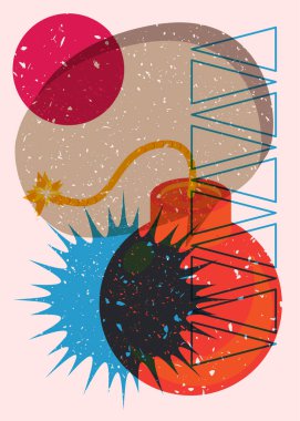 Konuşma baloncuklu ve geometrik şekilli risograf bombası. Moda riso grafik tasarımlı nesne. Geometri ögeleri soyut yazdırma dokusu biçimi.