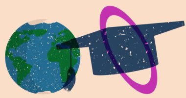 Dünya küresi ve renkli geometrik şekilli mezuniyet şapkası animasyonu canlandırır. Akademik Eğitimsel Riso grafik videosu. Geometri ögeleri, risograf biçimi.