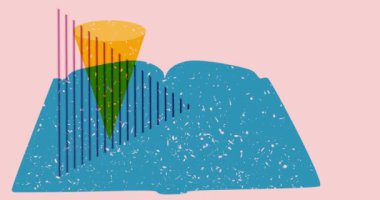 Kitap ve renkli geometrik şekiller animasyon. Eğitici Nesne, son moda riso grafik tasarımı. Geometri ögeleri soyut risograf baskı desen tarzı video.