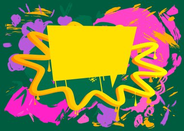 Yeşil, sarı ve mor graffiti konuşma balonu arka planı. Soyut vektör mesajlaşma işareti sokak sanatı dekorasyonu, şehir boyama tarzında tartışma simgesi.