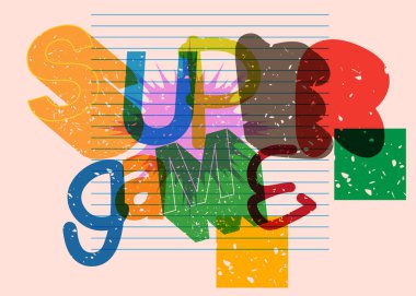 Geometrik şekilli Risograph Super Game kelimesi. Moda riso grafik tasarımında nesne.