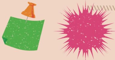 Çivilenmiş basma düğmeli Risograph not kağıdı ve geometrik şekilli konuşma balonu animasyonu. Moda riso grafik tasarım videosunda nesne taşınıyor.