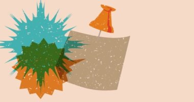 Çivilenmiş basma düğmeli Risograph not kağıdı ve geometrik şekilli konuşma balonu animasyonu. Moda riso grafik tasarım videosunda nesne taşınıyor.