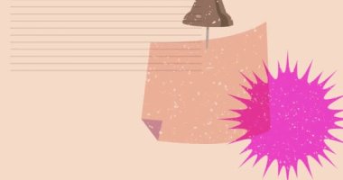 Çivilenmiş basma düğmeli Risograph not kağıdı ve geometrik şekilli konuşma balonu animasyonu. Moda riso grafik tasarım videosunda nesne taşınıyor.