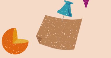 Çivilenmiş basma düğmesi ve geometrik şekilli animasyon içeren risograph not kağıdı. Moda riso grafik tasarım videosunda nesne taşınıyor.