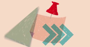 Çivilenmiş basma düğmesi ve geometrik şekilli animasyon içeren risograph not kağıdı. Moda riso grafik tasarım videosunda nesne taşınıyor.
