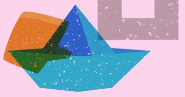 Konuşma baloncuklu ve geometrik şekilli risograph kağıt gemi animasyonu. Geometri elemanları ile modayı değiştiren riso grafik tasarımı.