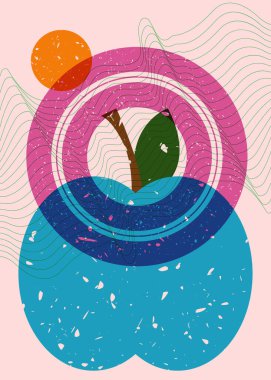 Geometrik şekilli risograph elması. Moda riso grafik tasarımında meyve ve nesne.