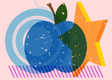Geometrik şekilli risograph elması. Moda riso grafik tasarımında meyve ve nesne.