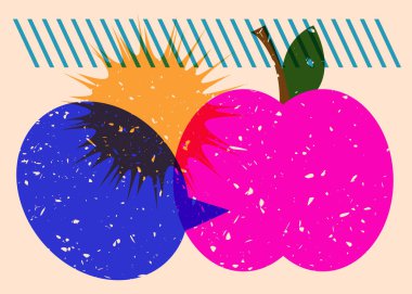 Geometrik şekilli konuşma baloncuklu risograph elması. Geometri elemanları ile modayı gösteren riso grafik desen tasarımı nesneleri.