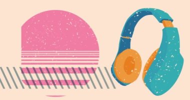 Geometrik şekilli Risograph Kulaklığı animasyon. Moda riso grafik tasarım videosunda nesne taşınıyor.