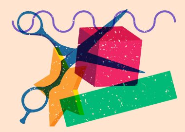 Geometrik şekilli Risograph makası. Geometri elemanları ile modayı gösteren riso grafik desen tasarımı nesneleri.