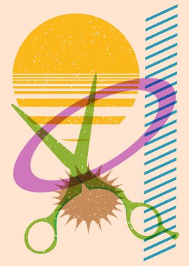 Geometrik şekilli Risograph makası. Geometri elemanları ile modayı gösteren riso grafik desen tasarımı nesneleri.