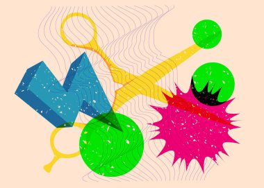 Geometrik şekilli Risograph makası. Geometri elemanları ile modayı gösteren riso grafik desen tasarımı nesneleri.