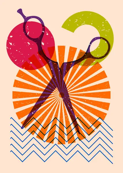 Geometrik şekilli Risograph makası. Geometri elemanları ile modayı gösteren riso grafik desen tasarımı nesneleri.