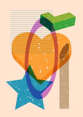 Geometrik şekilli risograf kalp. Geometri elemanları ile modayı gösteren riso grafik desen tasarımı nesneleri.