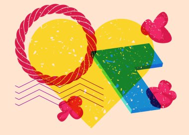 Geometrik şekilli risograf kalp. Geometri elemanları ile modayı gösteren riso grafik desen tasarımı nesneleri.