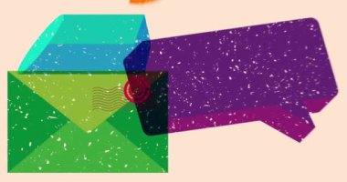 Konuşma balonu ve geometrik şekiller içeren mektup zarfı animasyonu risograph. Moda riso grafik tasarım videosunda nesne taşınıyor.