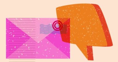 Konuşma balonu ve geometrik şekiller içeren mektup zarfı animasyonu risograph. Moda riso grafik tasarım videosunda nesne taşınıyor.