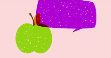 Konuşma baloncuklu risograph elma ve geometrik şekiller animasyon. Moda riso grafik tasarım videosunda meyve ve nesne taşınıyor.