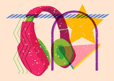 Geometrik şekilli Risograph Kulaklığı. Ses hoparlörü, modayı takip eden riso grafik desen tasarımlı geometri elemanları.