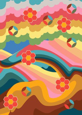 Basit 70 'ler geçmişi. Harika 1970 'lerin soyut sanat şablonu. Buzy Vintage tasarım posteri. Eski moda gökkuşağı renkli sanat eserleri.