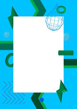 Mavi ve yeşil geometrik grafik retro temalı ve yazı için beyaz bir yer. Minimum geometrik elementler çerçevesi. Reklam için klasik soyut şekiller vektör illüstrasyonuName.
